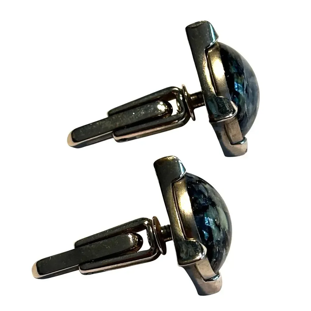 Vintage Mid Century 60's Hickok Cufflinks silver & blue polished marble rounds